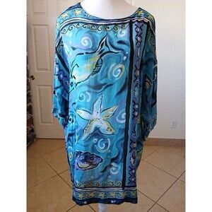 Biya Rated R By Johnny Was Cover Up Tunic Dress OS Blue Sea Life Starfish Boho